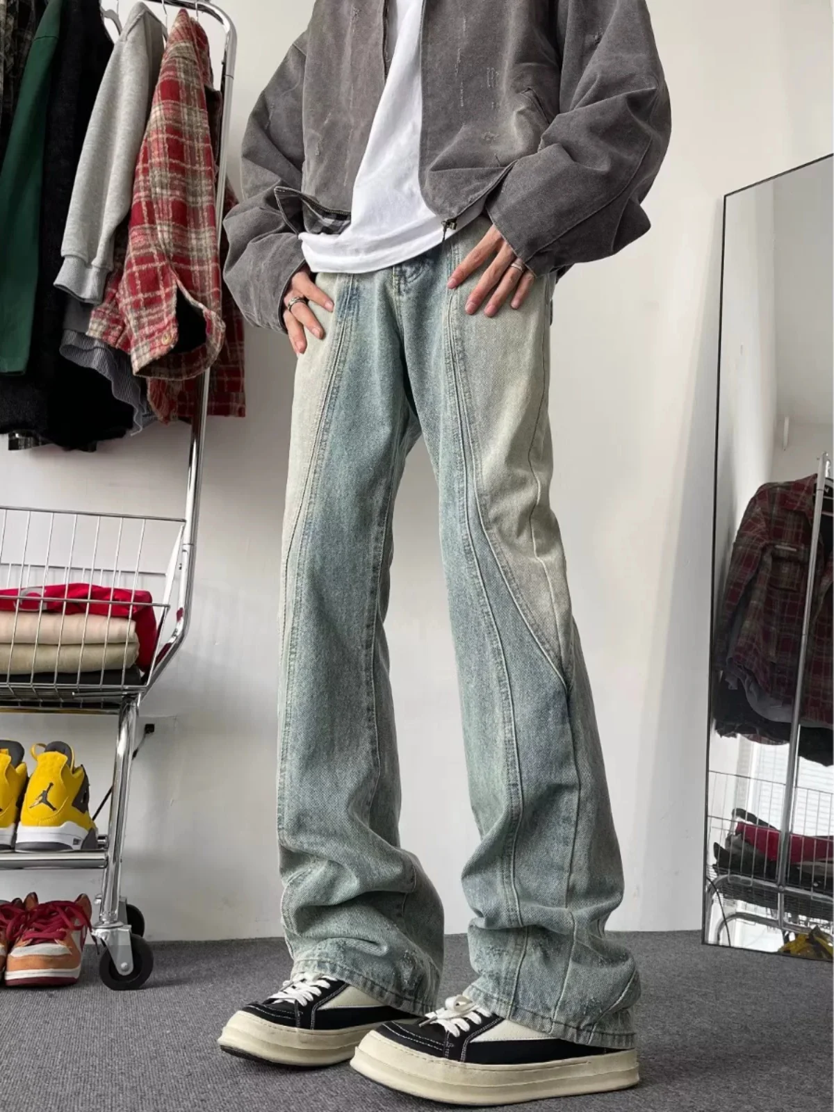 

Мужские джинсы в американском ретро-стиле, весенне-осенние, свободные, с прямым кроем, с элементами пэчворка, в стиле High Street, рабочие джинсовые брюки