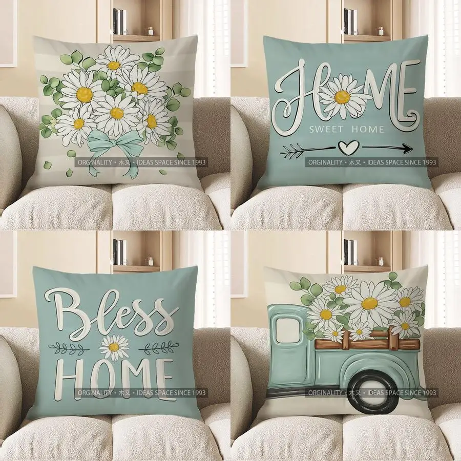 

Home Decor Bouquet Of Daisies With A Light Blue Bow Pillow Pattern Cushion Cover Suitable For Sofa Bedroom Car Pillow Cover