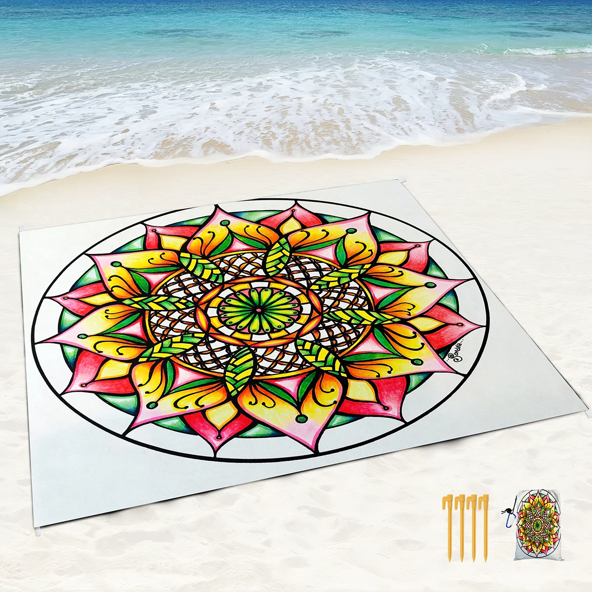 Sand Proof Beach Blanket Water Proof Mat with Corner Pockets and Mesh Bag for Beach,Travel,Camping,Beautiful Quiet Blue Mandala image 4