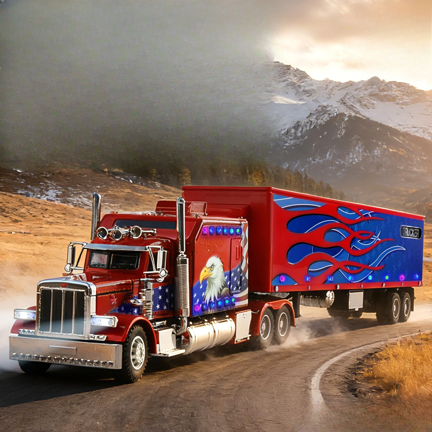 

1:24 American Heavy Truck Trailer Sound and Light Pull-back Car Children's Toys Simulation Alloy Car Model Collection Ornament