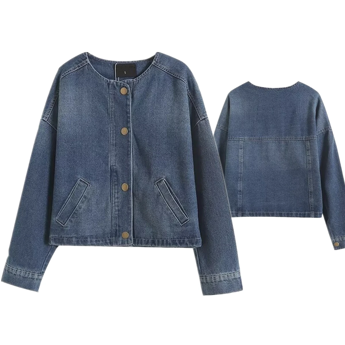 

Withered Minimalism Coat Women Denim Bomber Jacket Fashionable Women's Round Neck Retro Denim Jacket