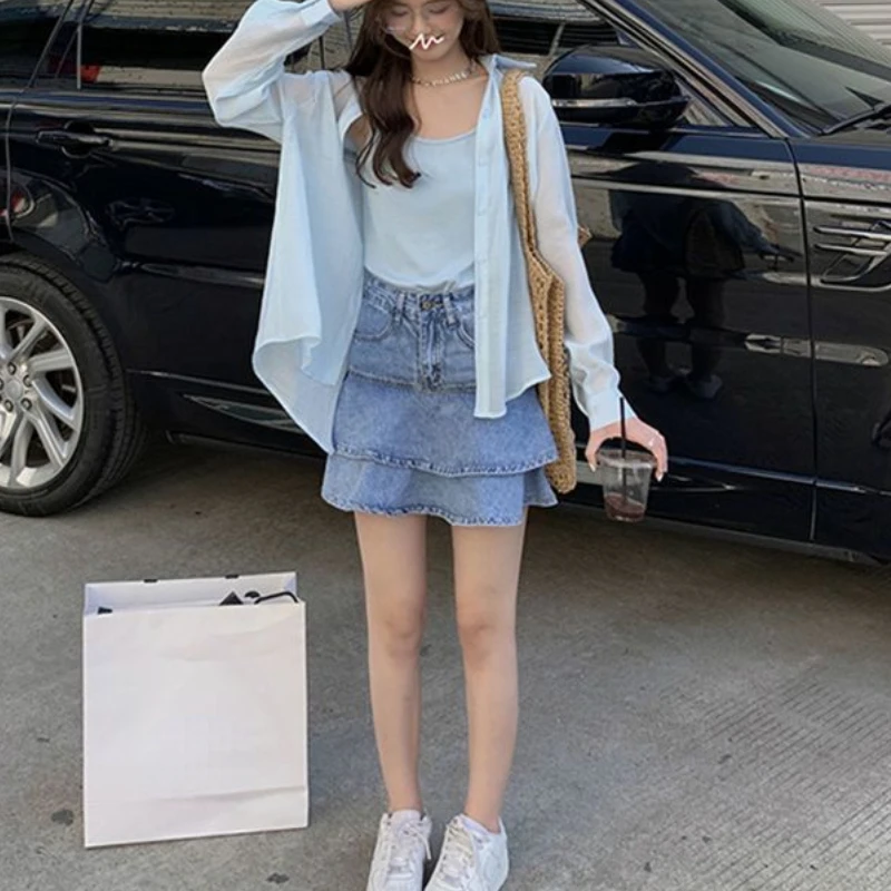 6 Colors Shirts Women Sun-proof Thin Back-slit Sheer Beach Style Casual Breathable Loose Ulzzang Vacation Summer Popular Simple