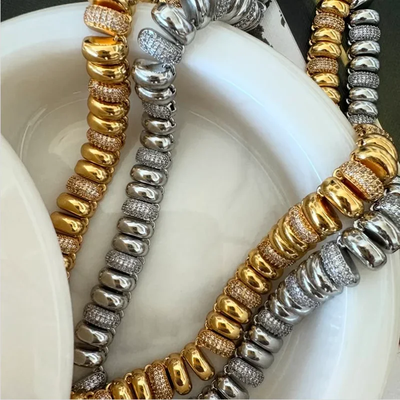 

High Quality Unisex Snake Chain Necklace Choker Herringbone Gold Color Beaded Link Chain Pave 5A CZ Necklace for Women Jewelry