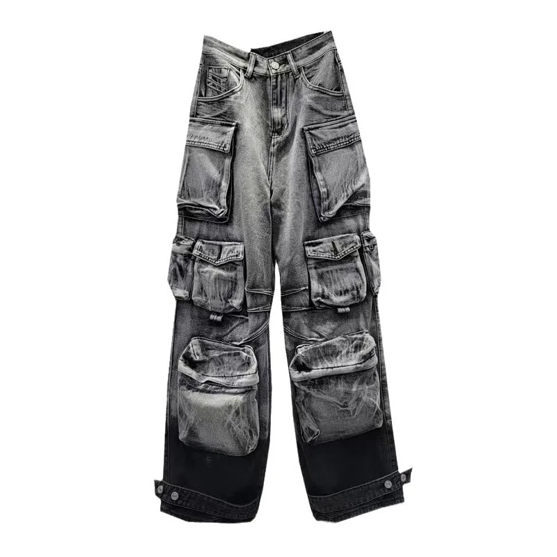 American Spice Girl Heavy Industry High Street Multi-Pocket Wide Leg Hip Hop Jeans Y2K High Waist Baggy Straight Pants Tide