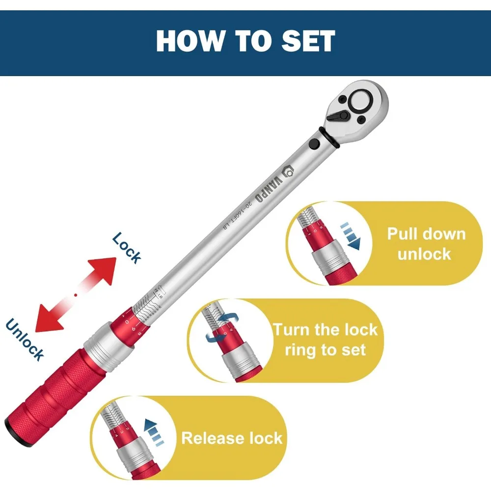 1/4 3/8 1/2-inch Drive Click Torque Wrench, 3Pcs Torque Wrench Set 20-240 in.lb, 5-45 ft.lb, 20-160 ft.lb,