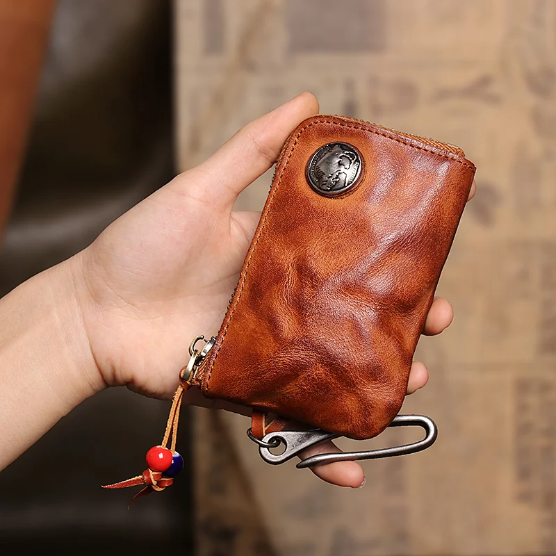 First Layer Leather Key Wallet for Men Short Vintage Handmade Car Key Holder Coin Purese Card Case Bag Organizer Housekeeper