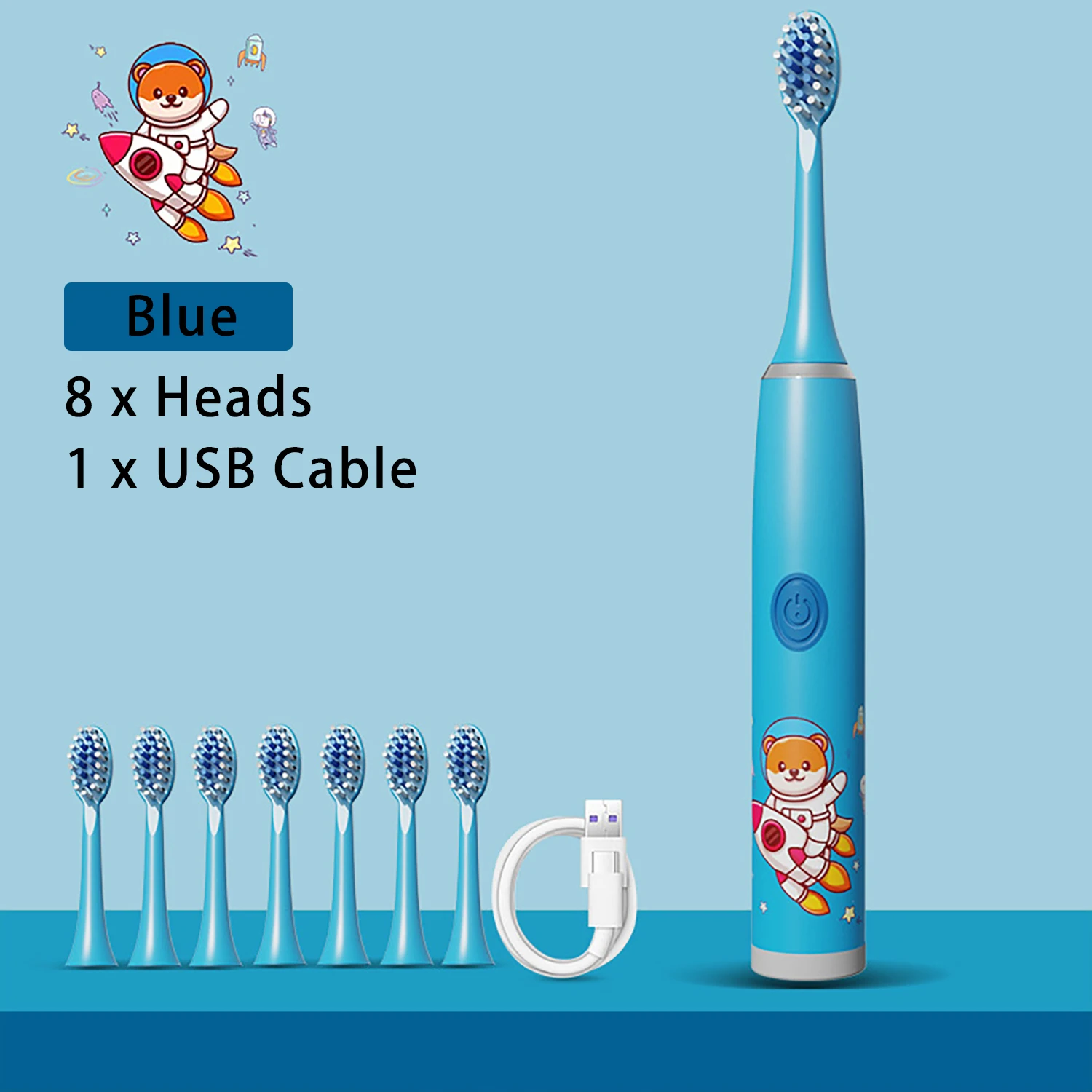 

Hicare Children's Electric Toothbrush, Soft Bristled Brush, Waterproof Toothbrush, USB Charging, With 8 Brush Heads, Blue