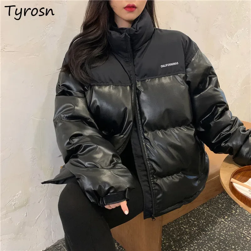

Women Parka PU Chic Femme Warm Zip-up Stand Collar Cozy Coats All-match Patchwork Ins Bf Unisex Ulzzang Casual Popular Aesthetic