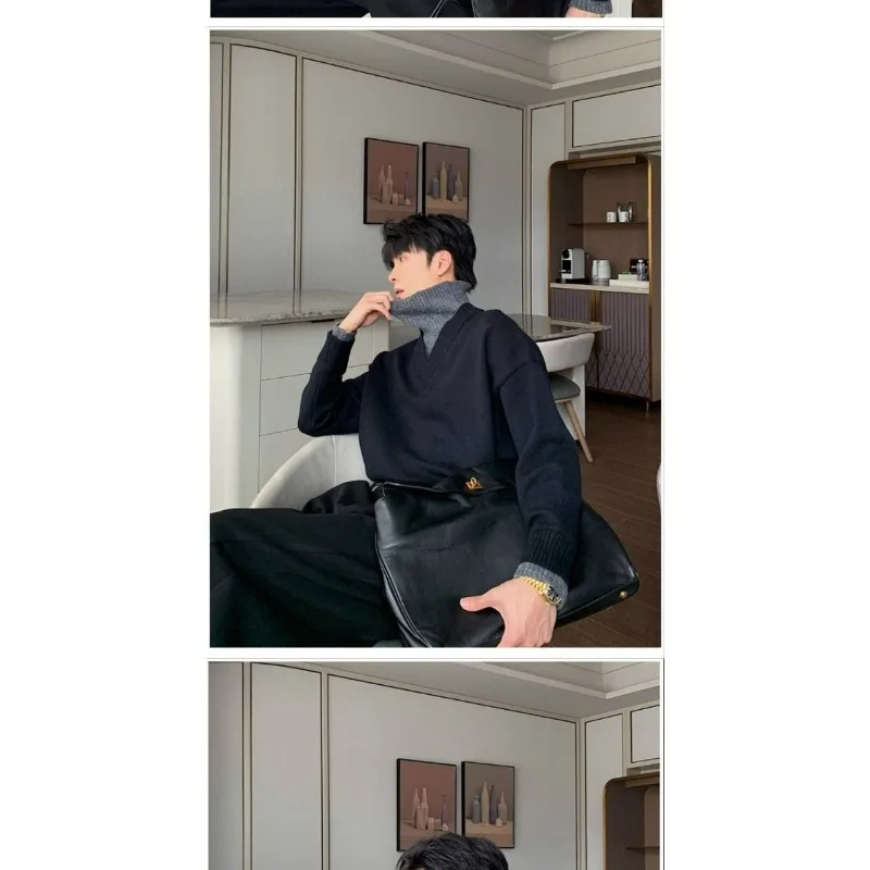 وهمية قطعتين كسول نمط المتناقضة الياقة المدورة سترة الرجال الخريف والشتاء الكورية نمط قاع قميص قمة الموضة غير رسمية #6