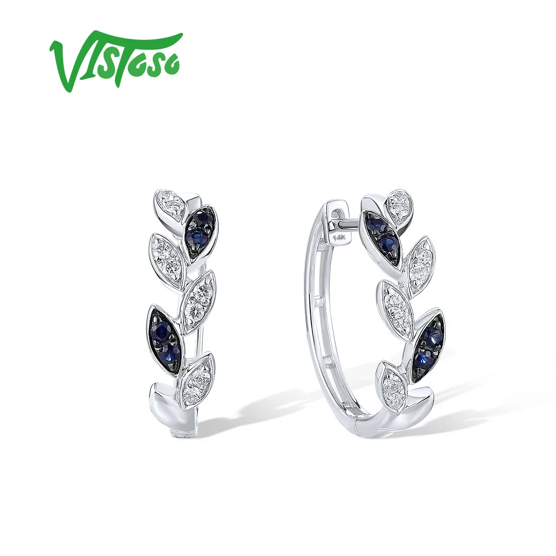 VISTOSO 14K 585 White Gold Earrings For Women Sparkling Diamonds Blue Sapphire Huggie Earrings Leaf Shaped Gifts Fine Jewelry