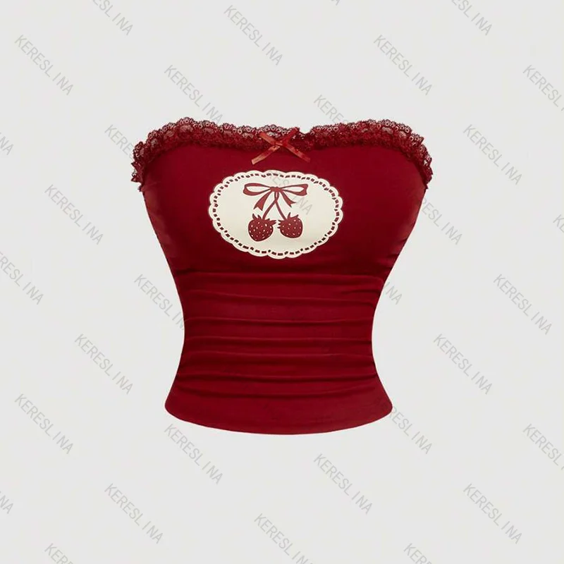 

2000s Strawberry print Sexy sweet Cutie lace bow comfortable Summer Europe America High street fashionable sleeveless tank tops