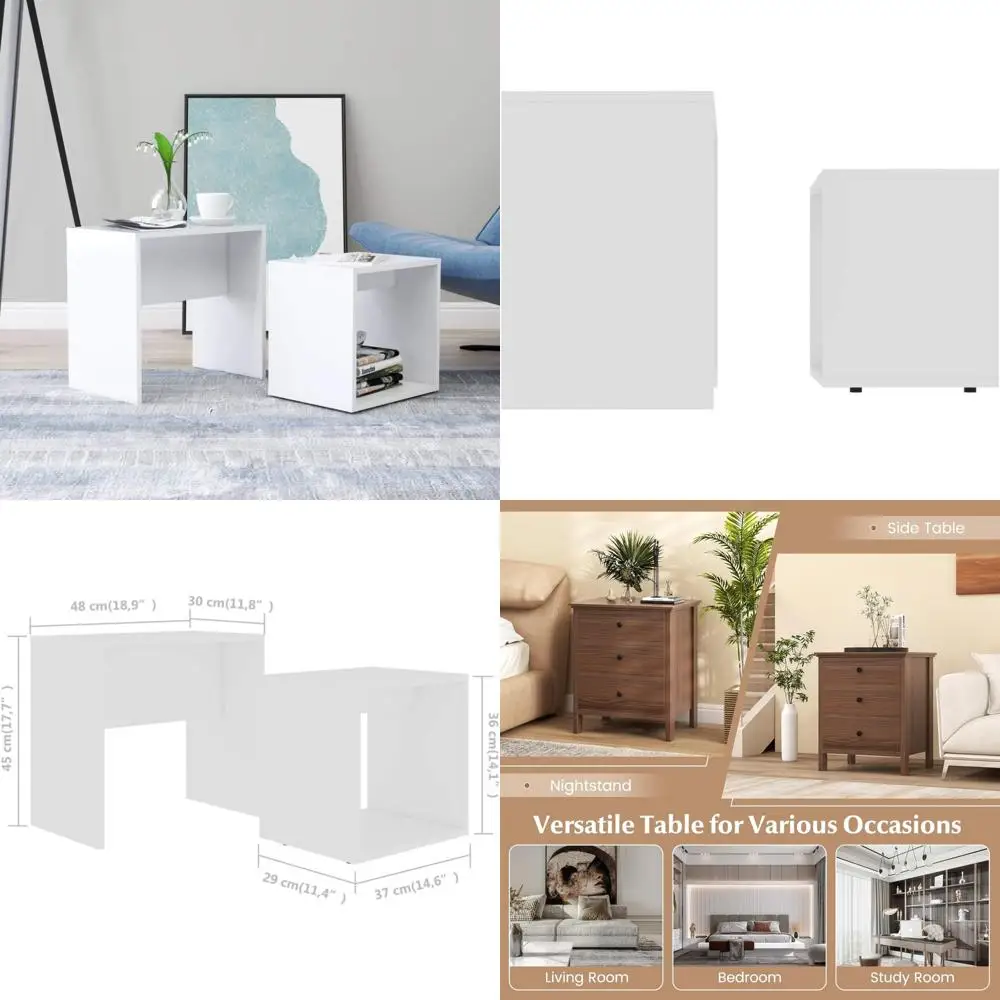 طقم طاولة قهوة متداخلة حديثة مكون من قطعتين مع مساحة تخزين، طاولة نهاية بيضاء لغرفة المعيشة، أثاث منزلي أنيق