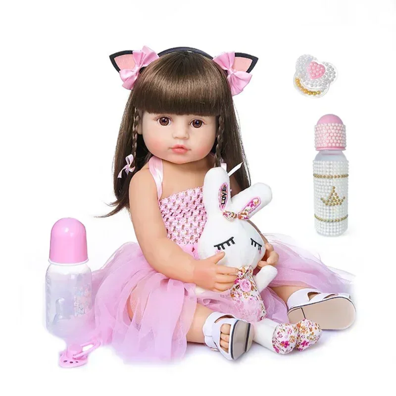 Muñecas con orejas de conejo de 55Cm, niño Reborn, muñeca hermosa de silicona suave rosa para bebé, muñecos de nieve de tacto Real para niñas, regalos, Kit de muñecas Reborn