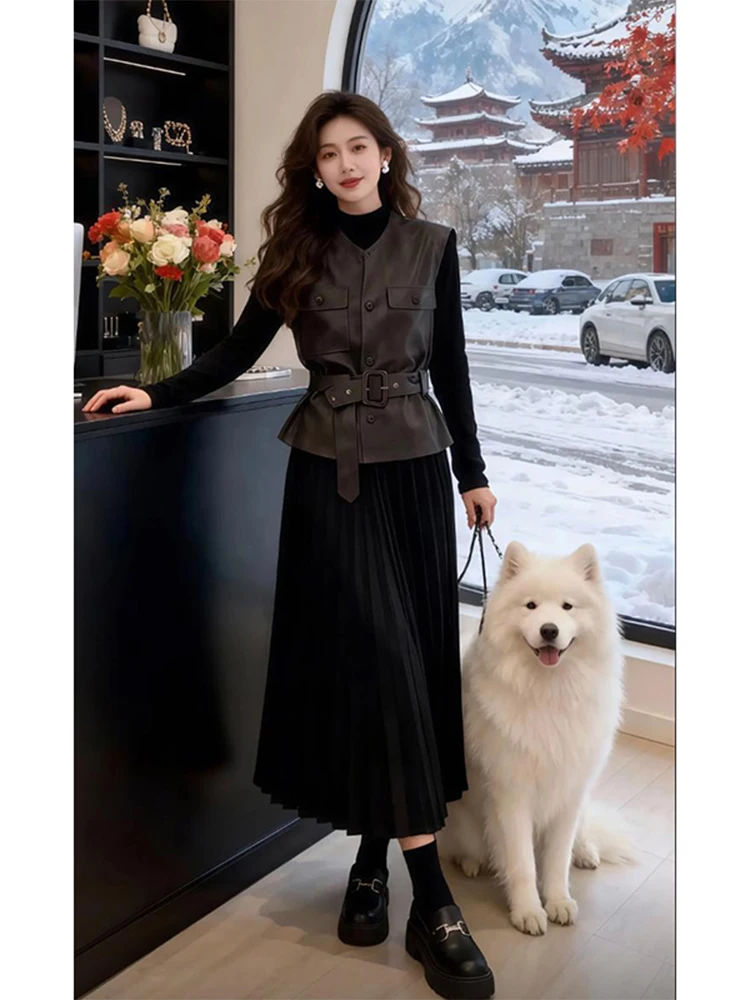 

Женский осенний модный комплект больших размеров: платье с длинным рукавом и жилет, двухсоставный ансамбль, повседневная одежда, удобный трикотаж, круглый вырез