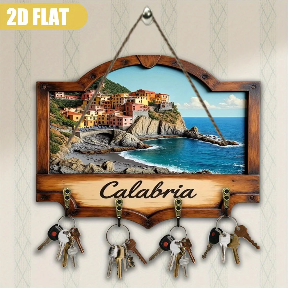 Letrero de madera con dije de la costa de Calabria, decoración de pared costera italiana y llavero, colgador de llaves grande de madera con mapa de Calabria Italia