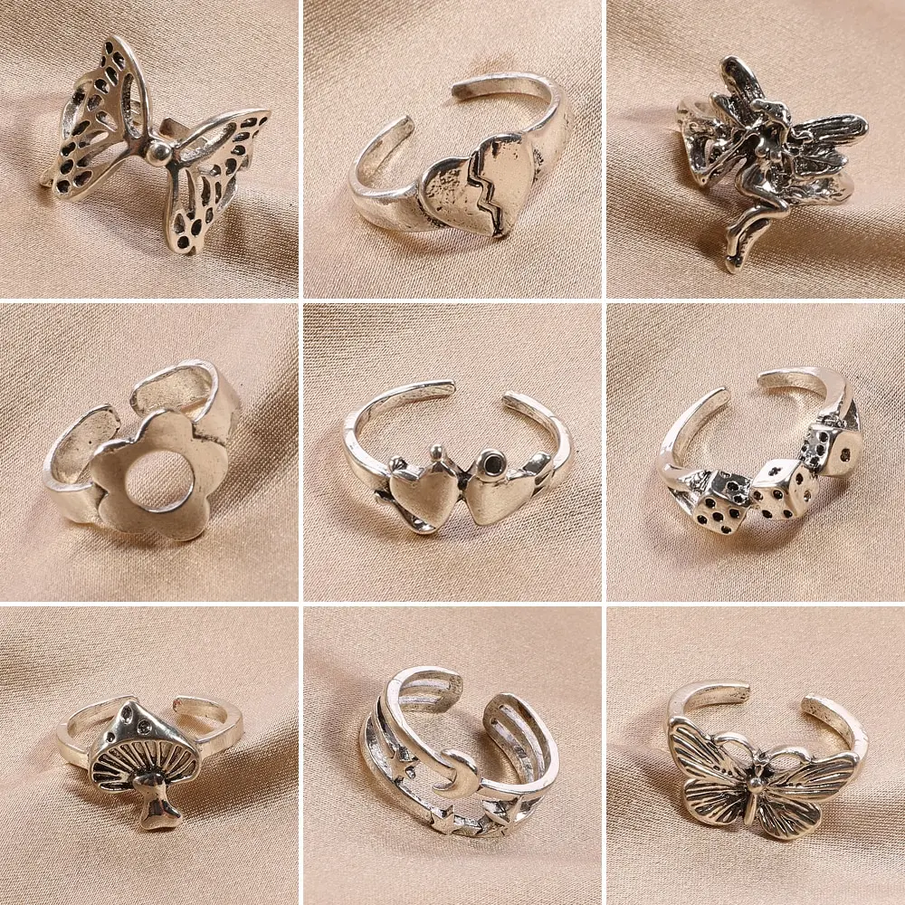 Personality Simple And Versatile Temperament Ring Jewelry Vintage Metal Open Ring 9-piece Set