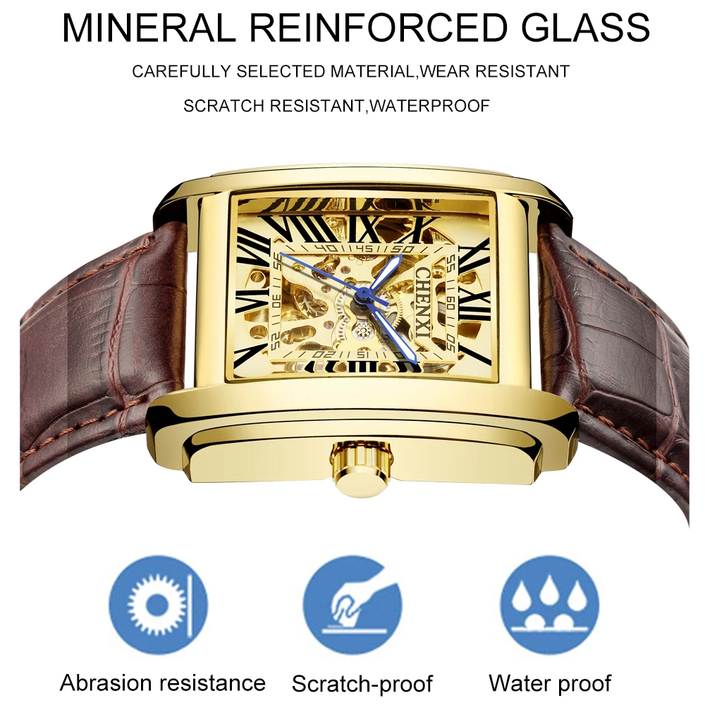 2023 Fashion Chenxi Top Brand Rectangle Men Gift Skeleton Leather Band Automatic Mechanical Wrist Watches Best Gift Reloj Hombre