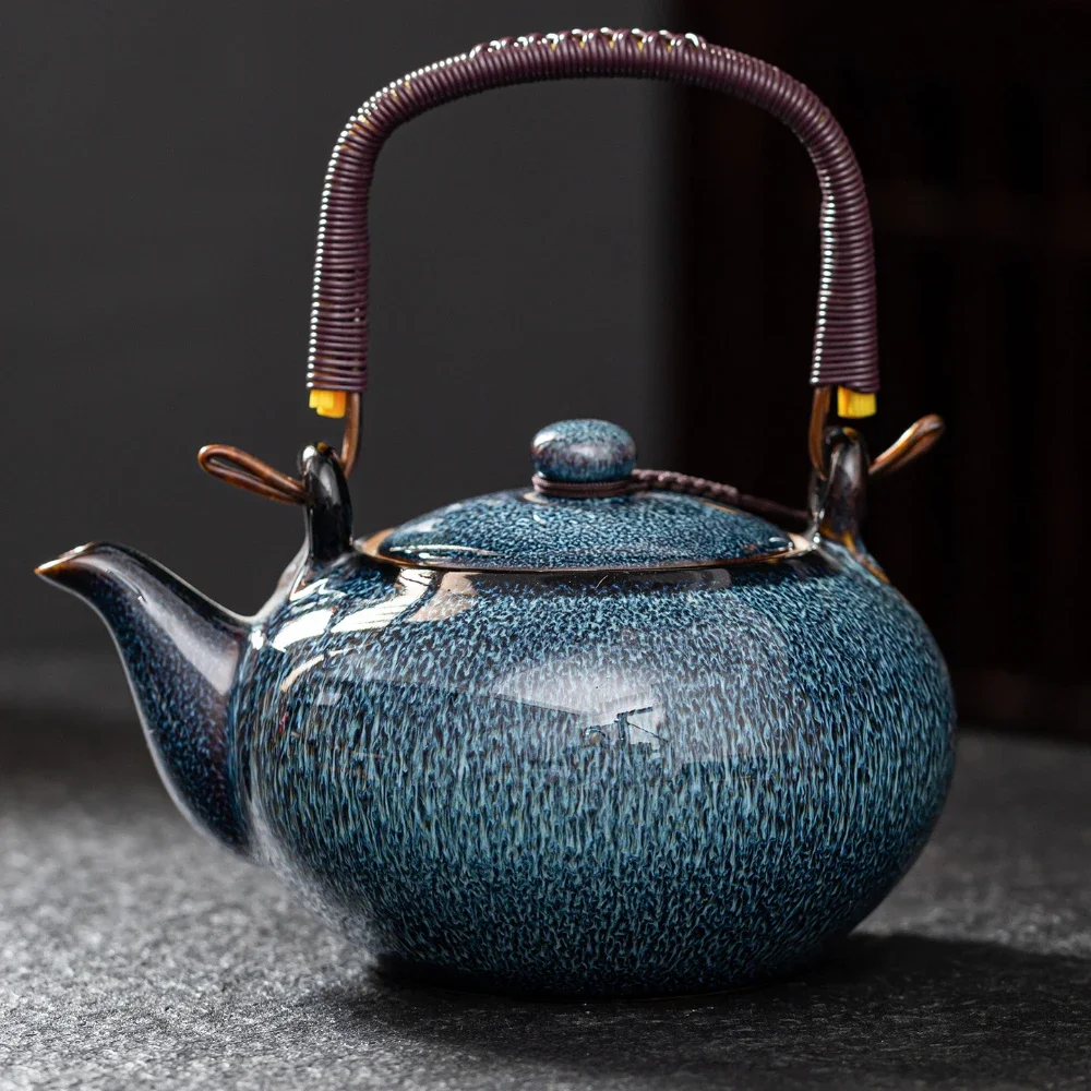 750ML Tianmu Glazed Kiln Transformed Into A Lifting Beam Pot Large Capacity Ceramic Teapot Household Kung Fu Tea Set