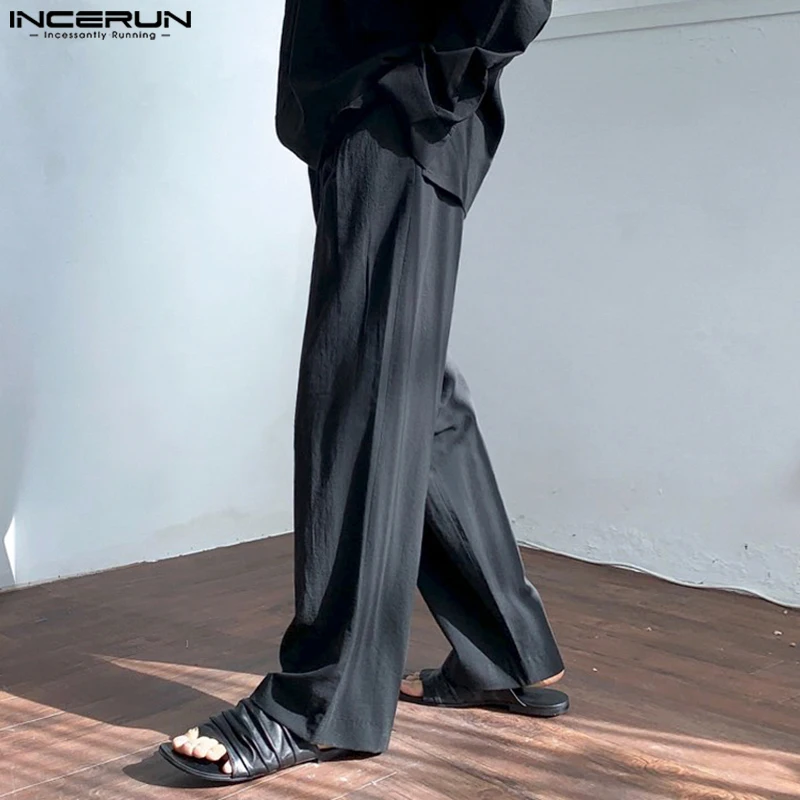 INCERUN เสื้อกันหนาว 2025 สไตล์เกาหลีกางเกงผู้ชายใหม่ตรงกางเกงชายสีทึบหลวมสบายกางเกงผู้ชาย S-5XL