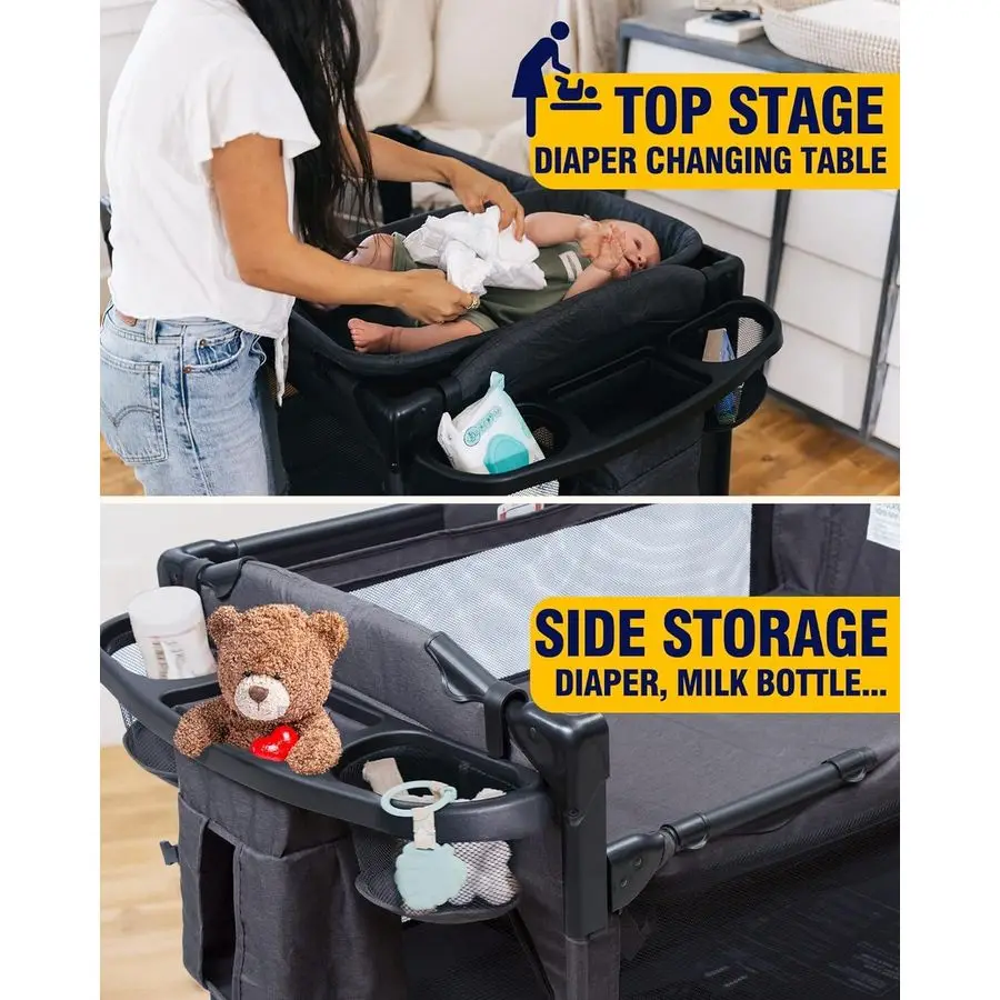 4 في 1 سرير أطفال بجانب السرير، سرير أطفال بجانب السرير 4 وظائف، سرير بجانب السرير، لعب، طاولة تغيير، باب