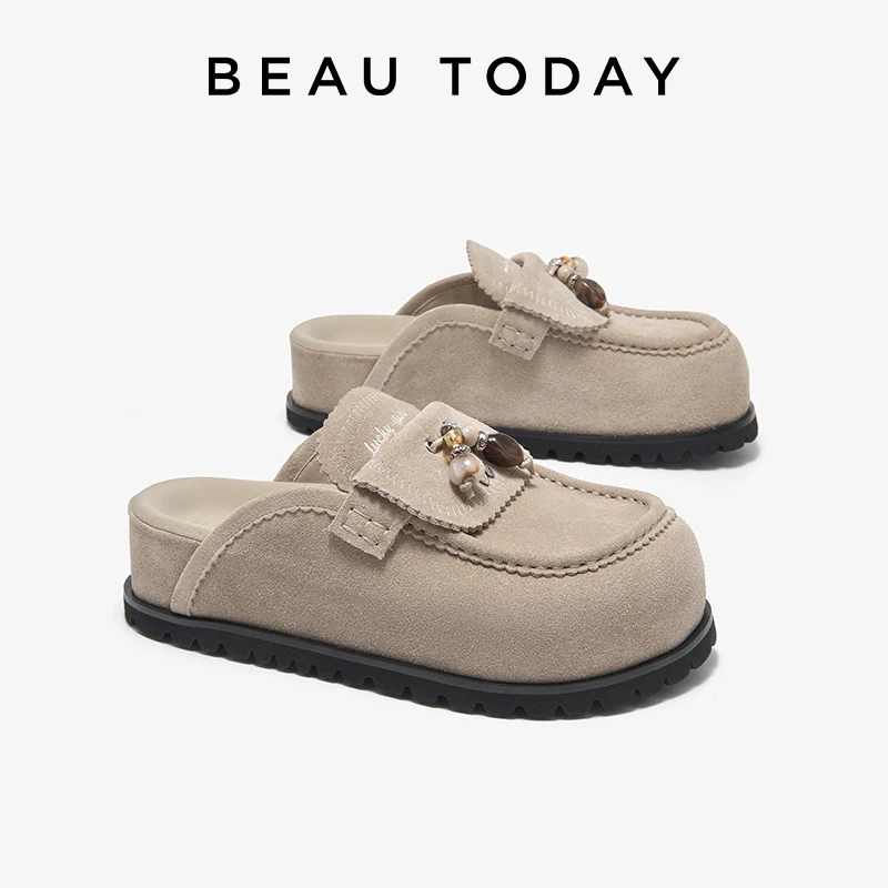 BEAUTODAY Platform Mules Women Cow Suede Leather Round Toe Sewing Design Beads Slippers Ladies Beach Shoes Handmade 38550