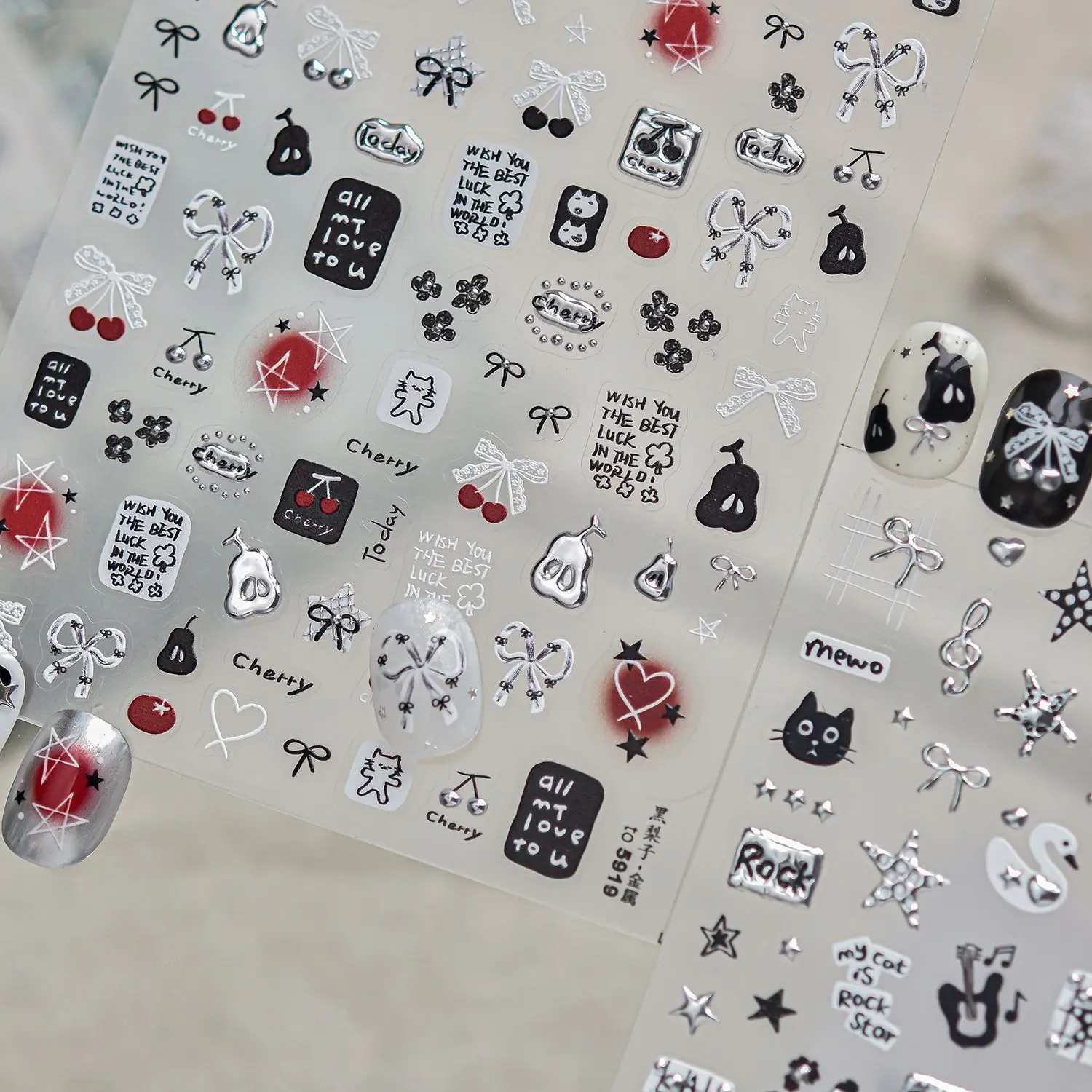 Metal Pear Nail Stickers Black White Cat Bowknot Cherry Nail Decoration Red Heart Star Rock Letter Music Note Nail Stickers DIY