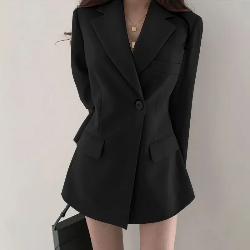 Suit Jacket for Women Autumn New Korean Long Coat with Belt Female V Neck Casual Slim Solid Coor White Women's Blazers
