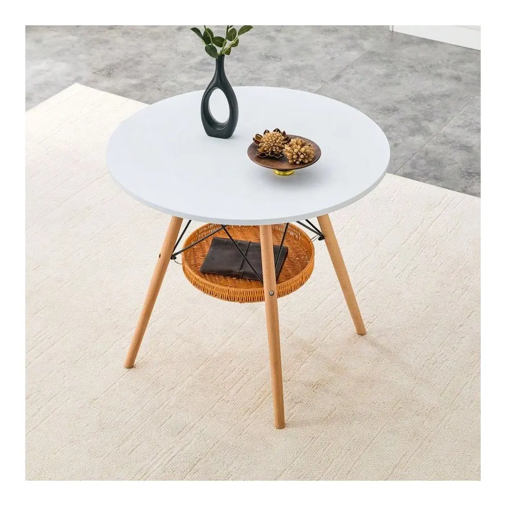 Diameter Circular Dining Table, White MDF Vacuum Formed Tabletop, Solid Wood Legs, With Suspended Woven Storage Basket Structur
