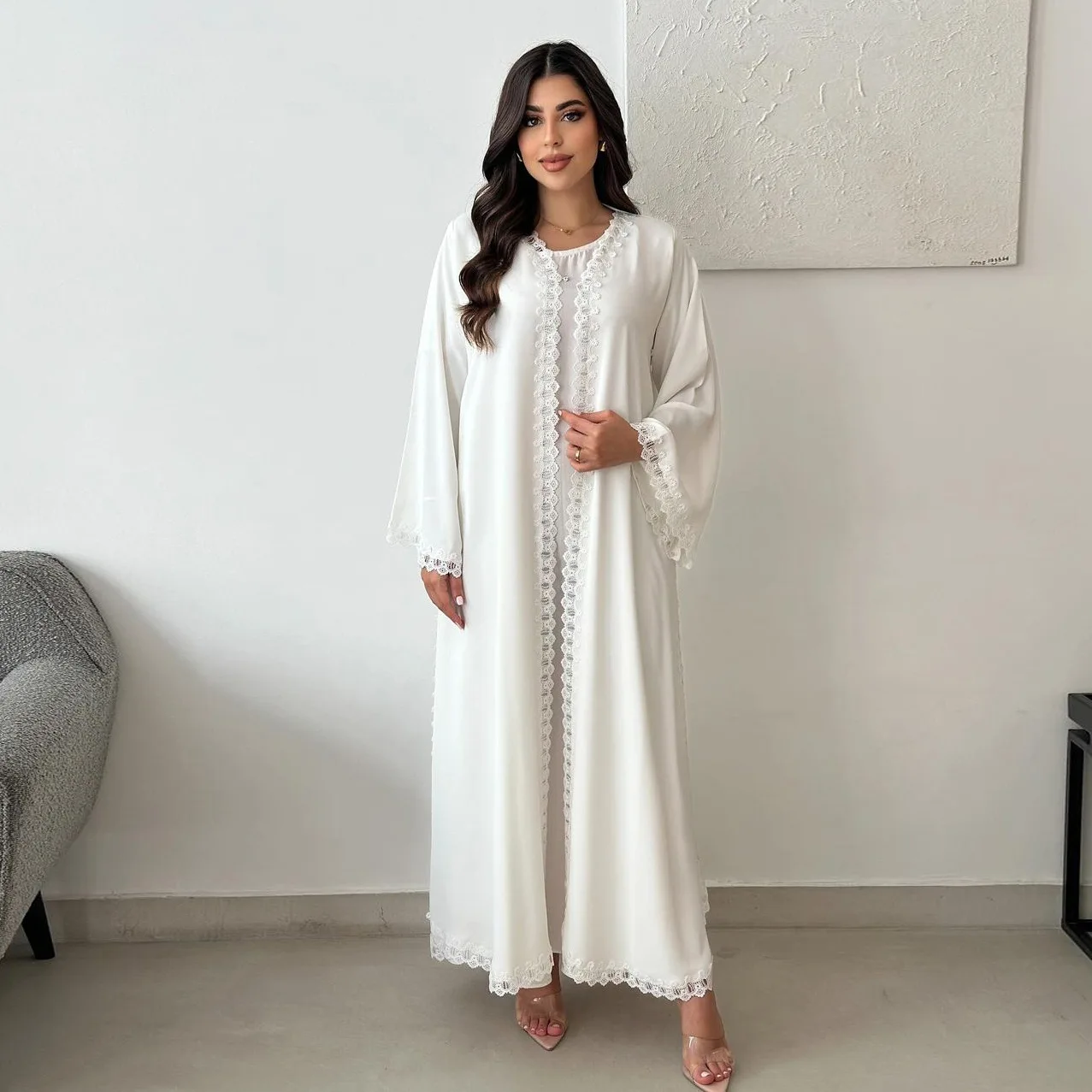 White Open Abaya Dubai Luxury Kimono Muslim Coat Lacework Saudi Abayas for Women Elegant Turkish Dress Islamic Clothing Kaftan