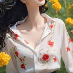 2024 Spring and Summer New Women's Solid Color Printed Blouses Tops Flattering Chic Polo-Neck Single-breasted Long Sleeve Shirts