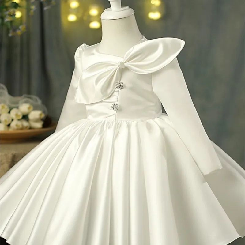 Baby Girl Princess Silk Dress Long Sleeve Child Vintage Big Bow Vestido Party Pageant Birthday Baptism Frocks Baby Clothes 1-12Y