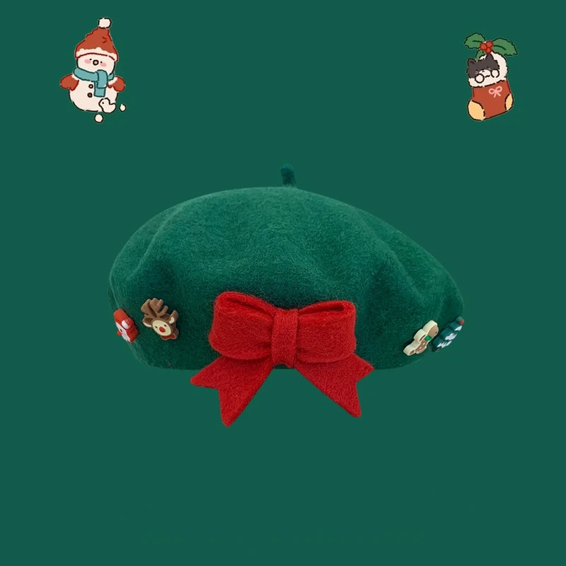 2025 Nieuwe Mode Kerst Warme Boog Baret Vrouwen Koreaanse Stijl Schilder Hoed Veelzijdige Winter Wol Kerst Baret Hoed
