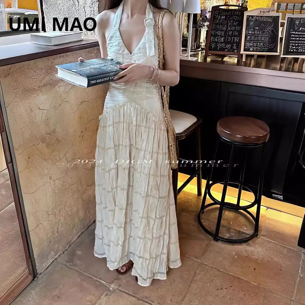 

UMI MAO French Retro Romantic Bra Hanging Neck Dress Women's Summer New High End Style Elegant Slender Dresses Femme