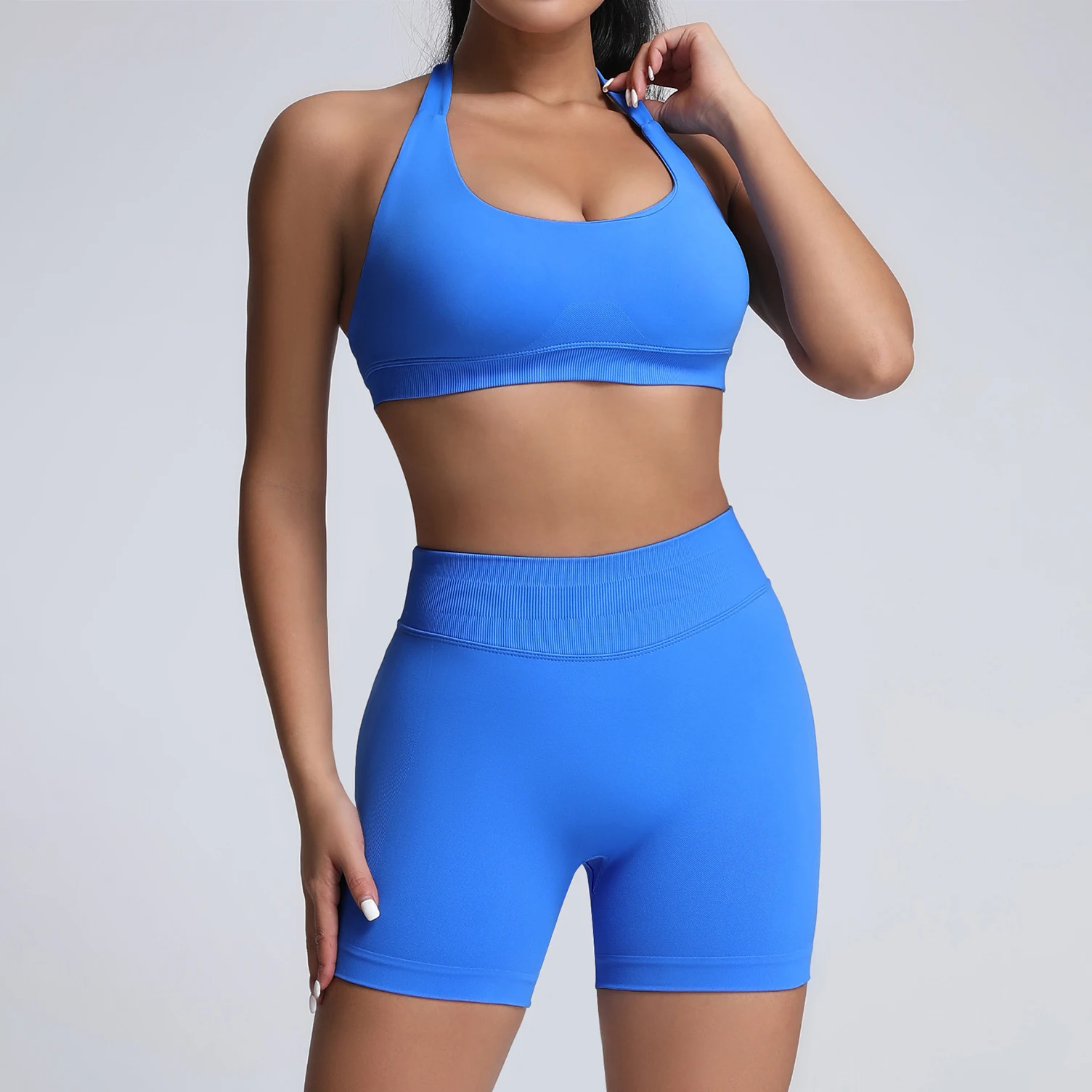 

WANAYOU Бесшовные женские бюстгальтеры для йоги из 2 предметов Impact Sports Halter Crop Top Scrunch Butt Gym Shorts Tight Workout Set Quick Dry