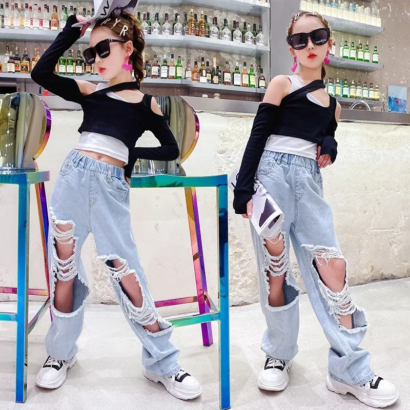 

Girls Clothes Sets Spring Streetwear Children's Clothing Black White Patchwork T-shirt + Ripped Jeans Teen Kids Costume Outfits