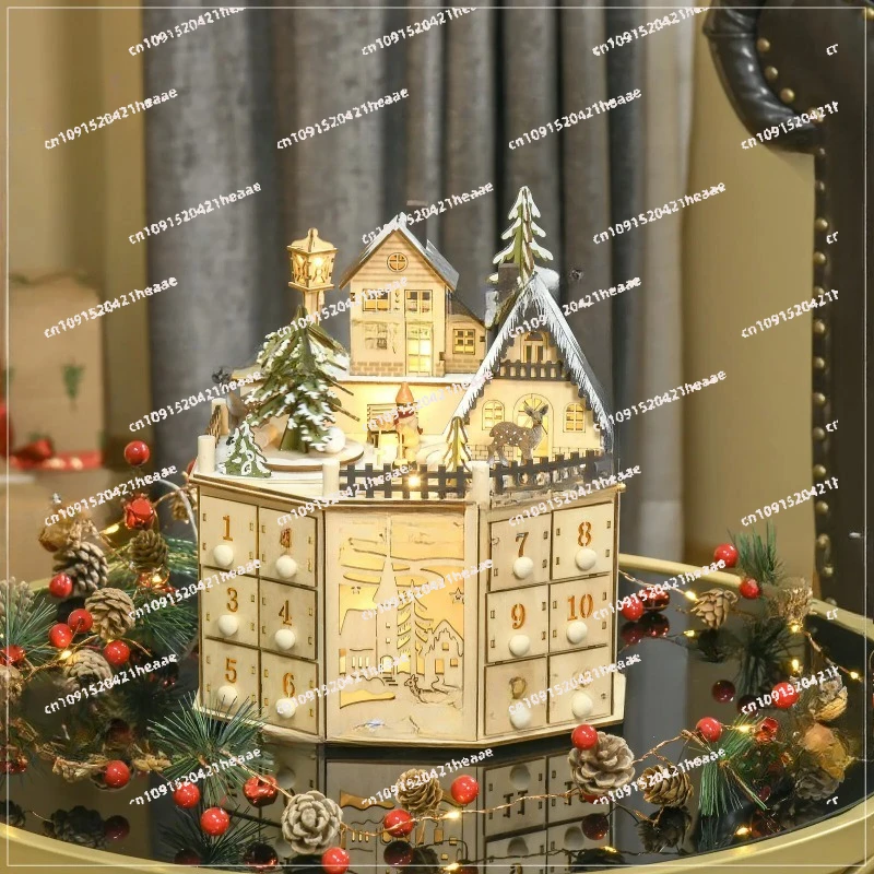 Suitable for Wooden Countdown Christmas Arrival Calender Packaging Light Emitting Diode Lights Battery Round Village