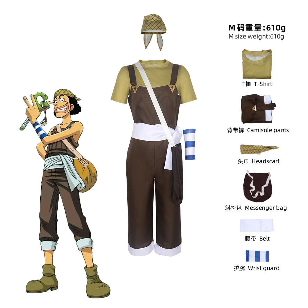 

Usopp Cosplay Costume Anime GOD Brown Rompers White T Shirt Scraft White Waist Band Bag Halloween Christmas Party Play Outfit