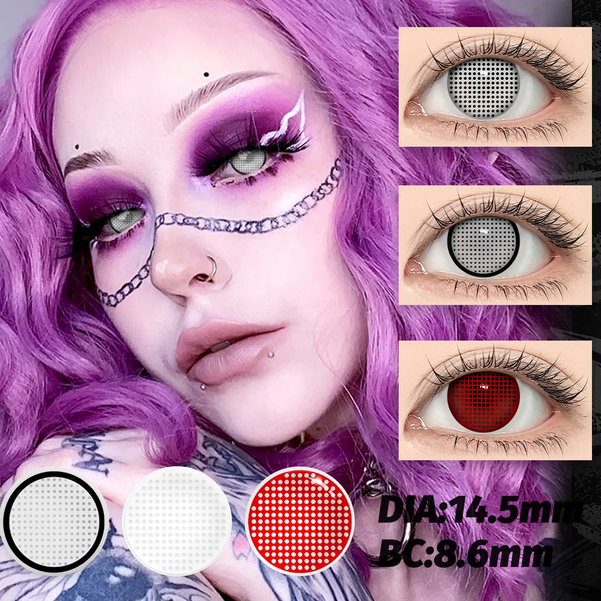 VISUASHOW Blind Block Cyan Mesh Weiße Farbige Kontaktlinsen Lila Rot Verrückte Anime Cosplay Halbjährliche Kontaktlinsen für Halloween – Detail 1