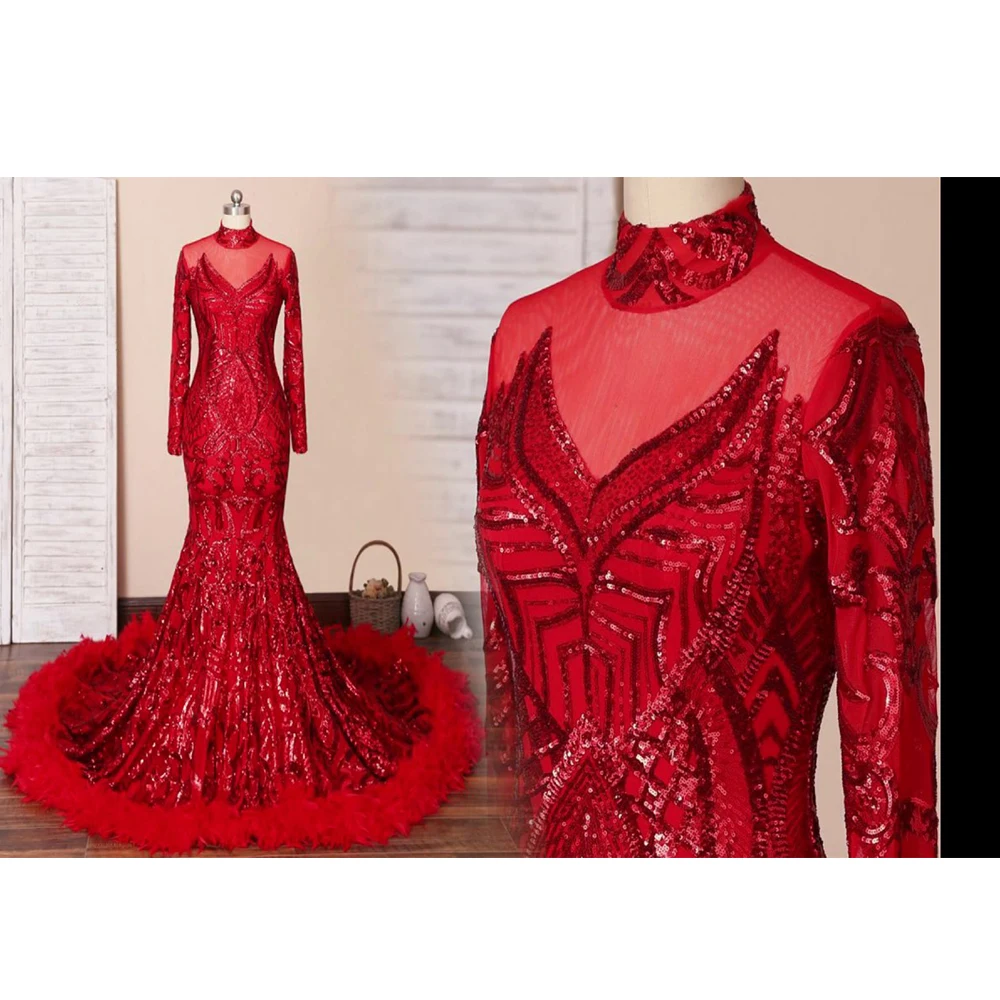 Elegante Rot Prom Kleider Frau Dance Ball Kleider Langarm Mermaid Feather Abend Formale Partei Kleidung