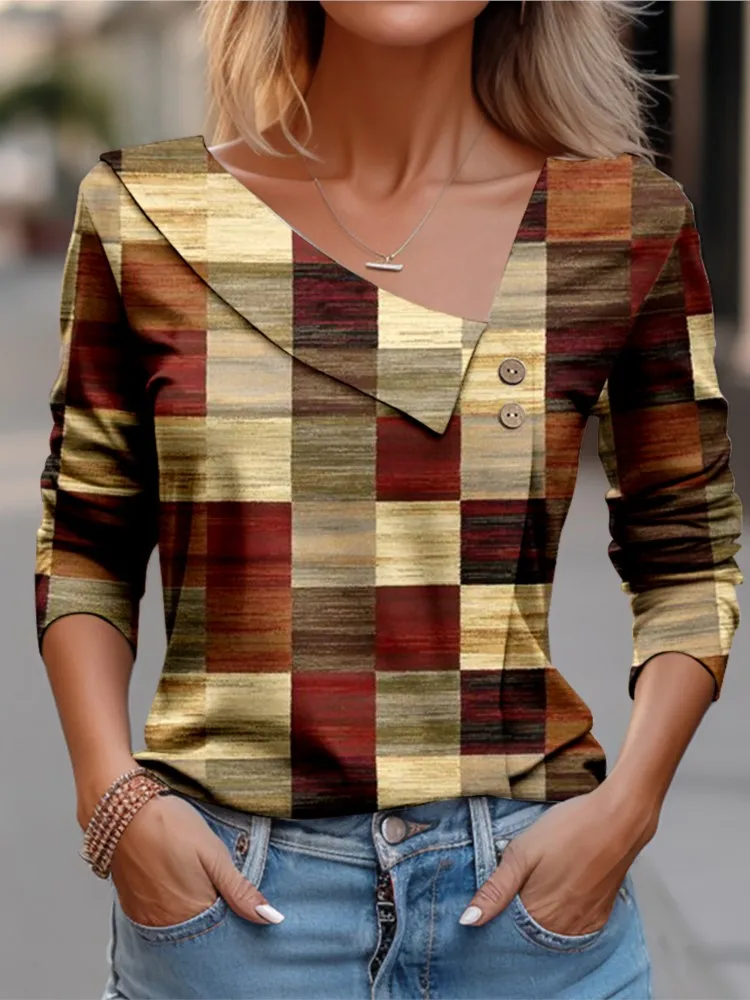 

New Shirts 2024 Spring Geometric Printed Asymmetrical Neck Tops Lady Temperament Fashion T-Shirt Commuting Buttons All-match Tee