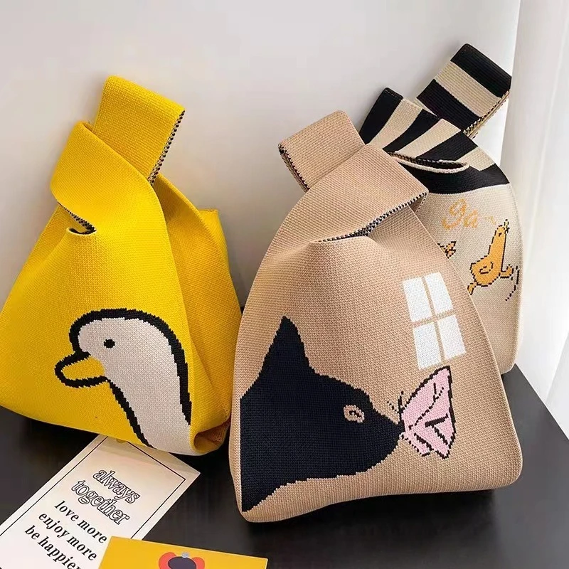 

Women'S Knot Wrist Tote Bags Handmade Knitted Bag Portable Mini Striped Bucket Phone Bags Large Capacity Spring Summer Handbags