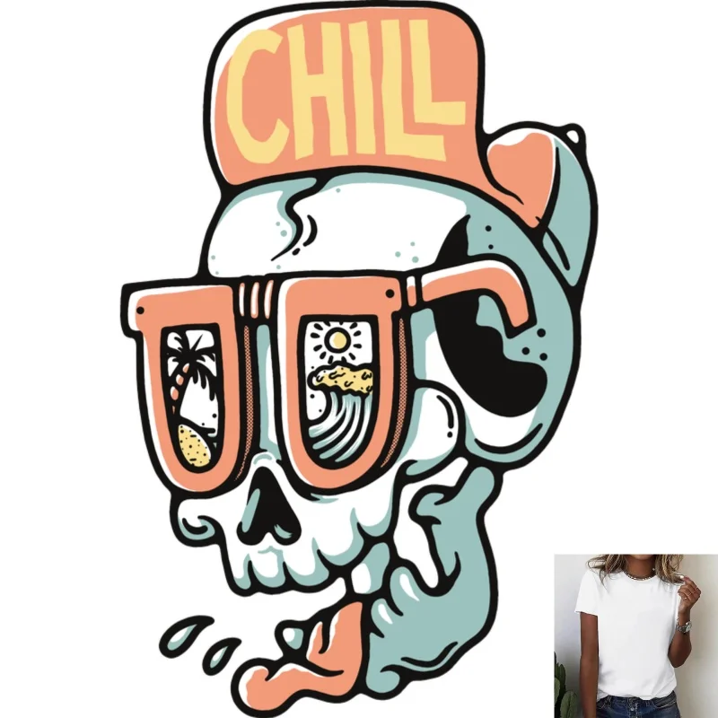 Trendy Skull CHILL Heat Transfer White Ink Iron - on Patch, Fun Sunglasses Coconut Tree Wave Pattern, Suitable for T - shirts,