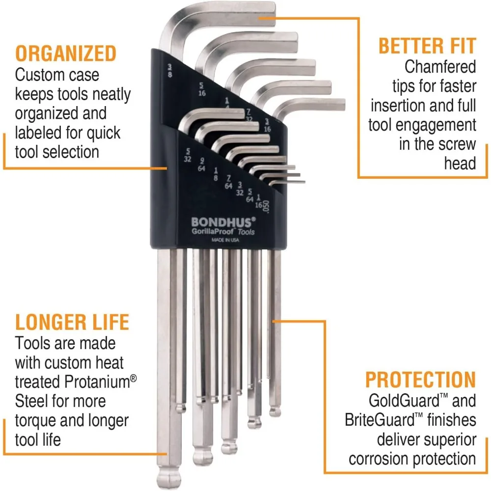 Juego de llaves en L profesionales con extremo esférico y acabado anticorrosión para espacios apretados