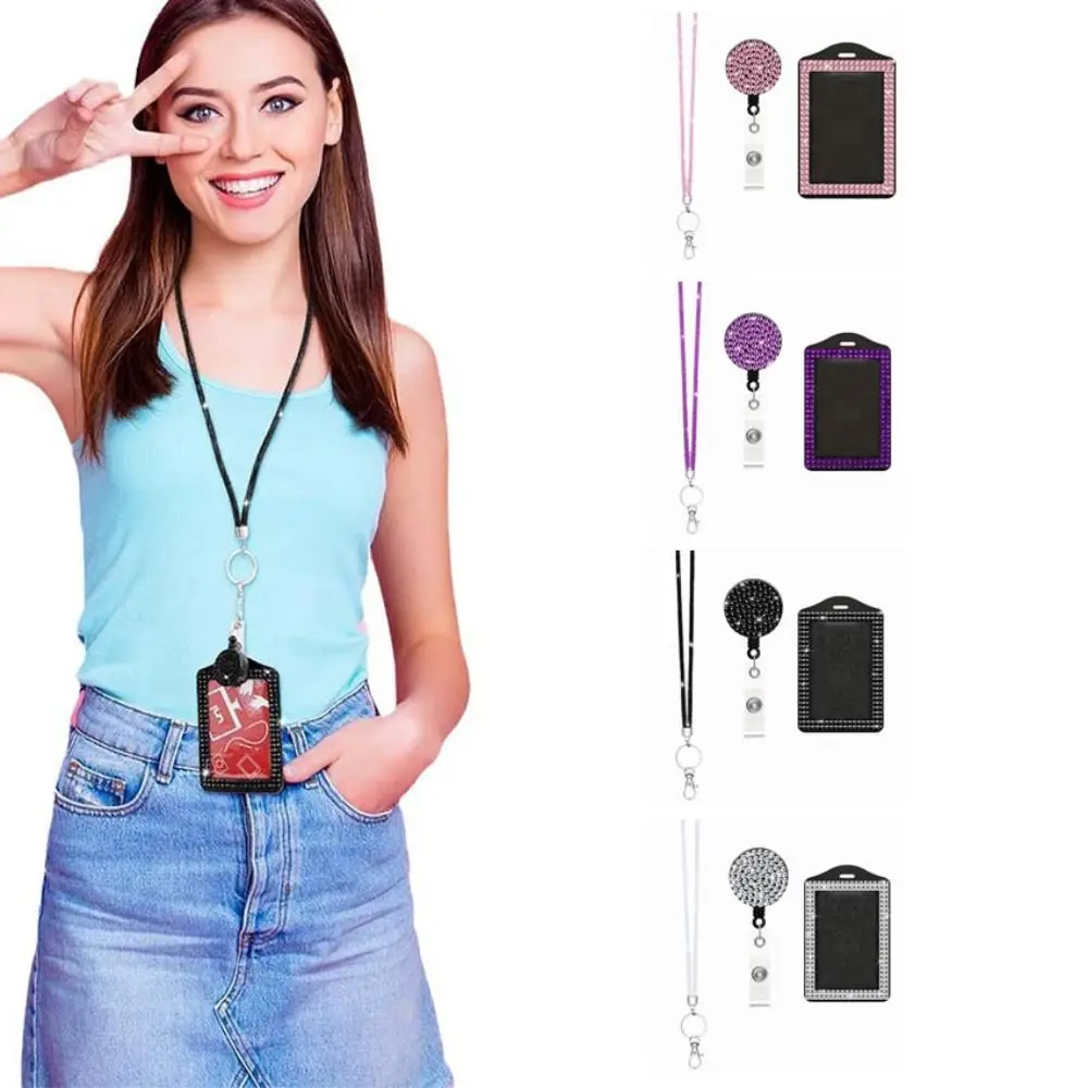 

Bling ID Holder with Lanyard Retractable Lanyard Rhinestone Decorated Retractable Badge Holder Adjustable Easy Pull Buckle