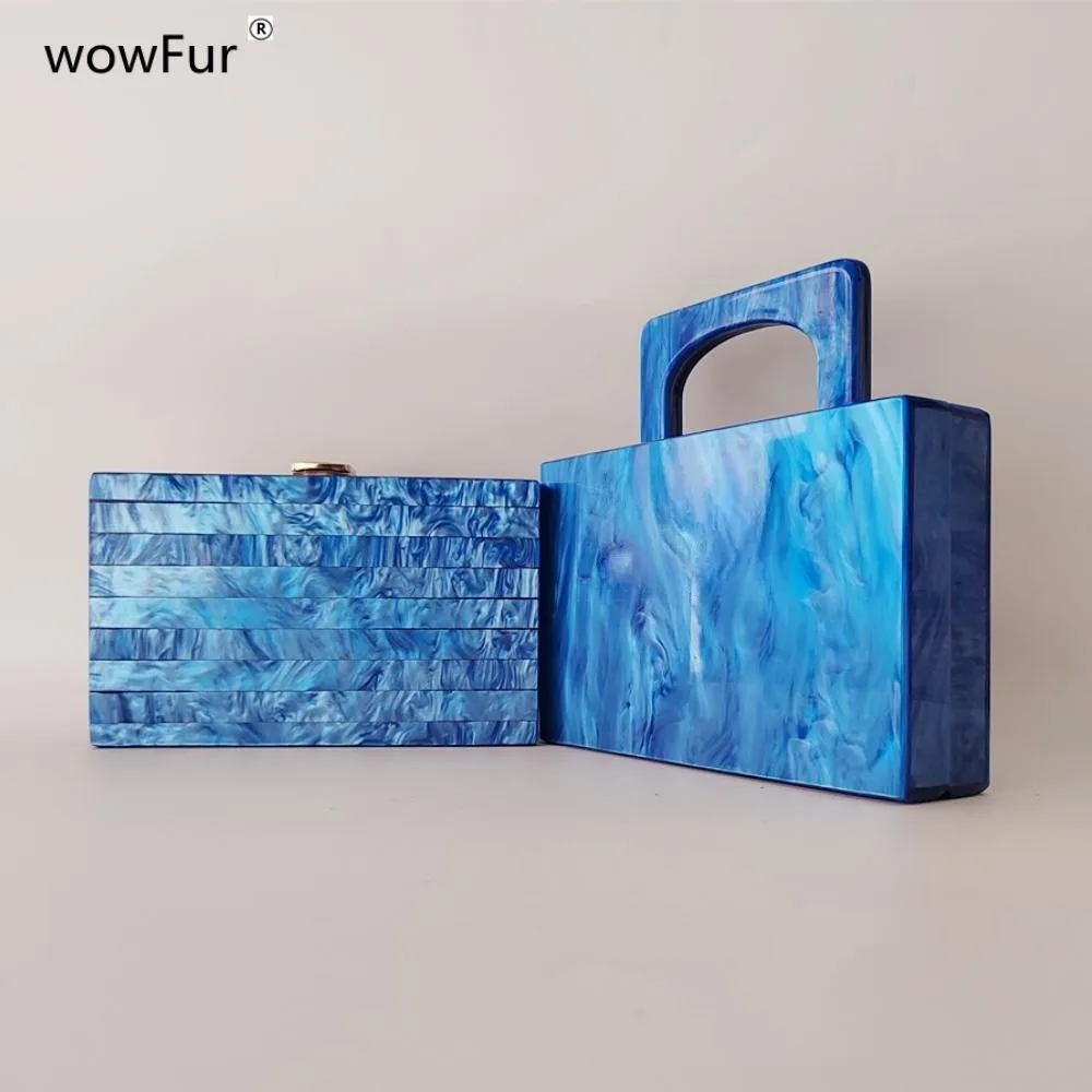 

Marble Pearl Bright Bule Acrylic Box Clutches Beach Handbag Women Summer Luxury Designer Handmade Purse Holiday Shoulder Bag