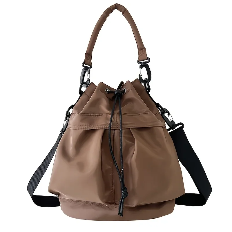 1 قطعة حقيبة دلو نايلون للسيدات مع إغلاق برباط للاستخدام اليومي غير الرسمي حقيبة كتف واحدة محمولة متعددة الطبقات خفيفة الوزن