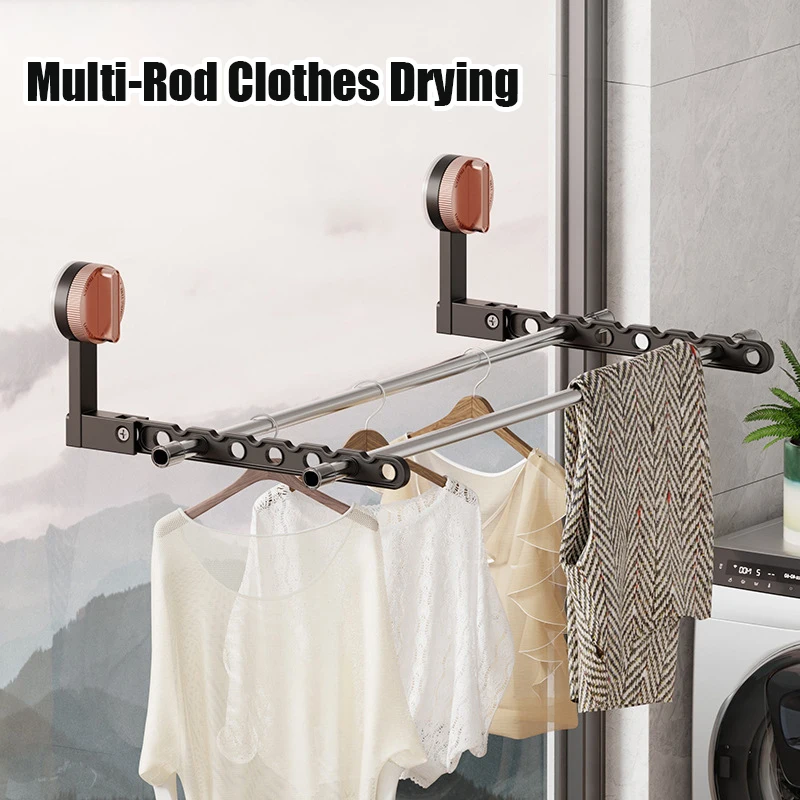 Wall Mounted Suction Cup Folding Clothes Drying Rack With Hanging Rod Home Bathroom Balcony Laundry Shelf Retractable Organizer