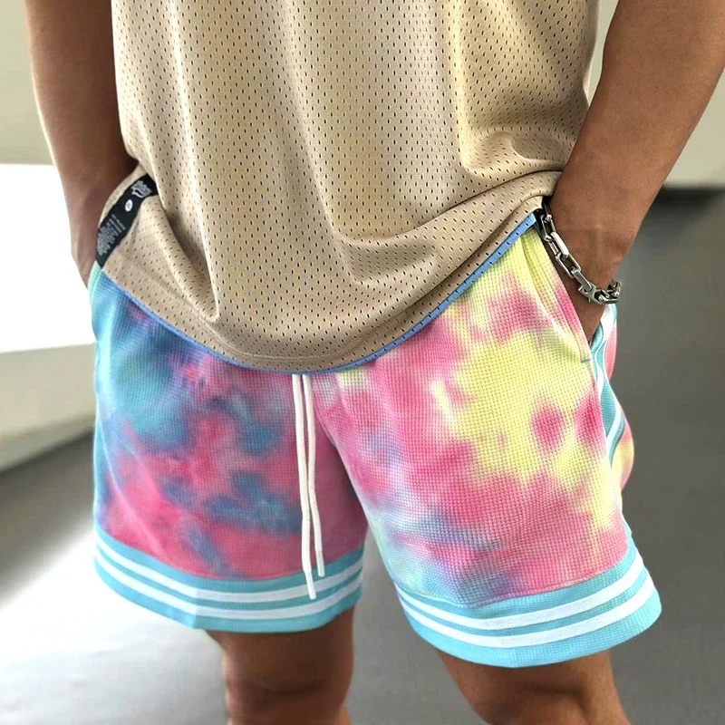 

Men Running Shorts Tie-Dye Style Colourful Hawaiian Print Beach Pants with Pockets Casual Sports Shorts Training Clothing