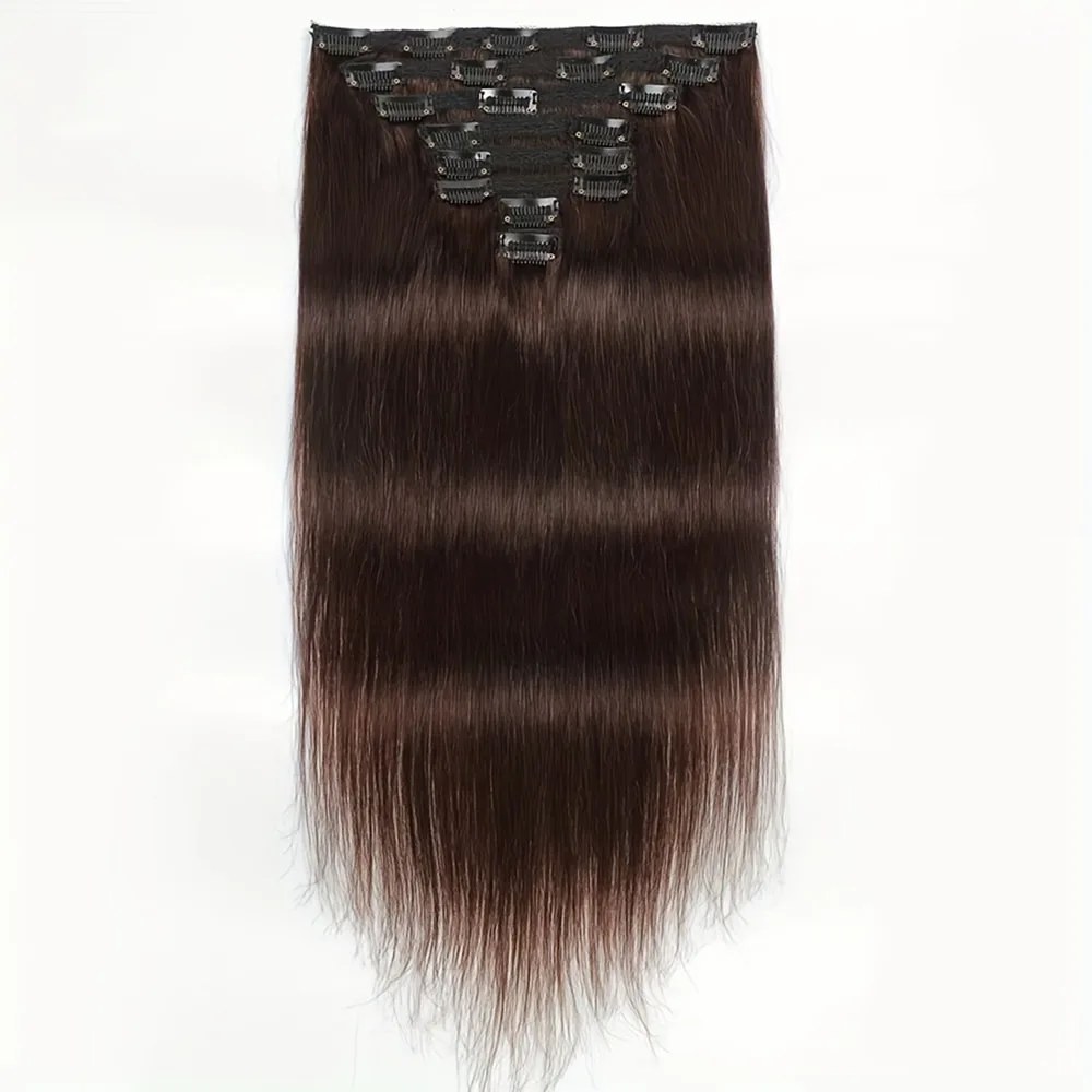 8Pcs Straight Hair Clip In Hair Extensions Human Hair #2 Dark Brown 100% Unprocessed Brazilian Remy Virgin Human Hair For Women