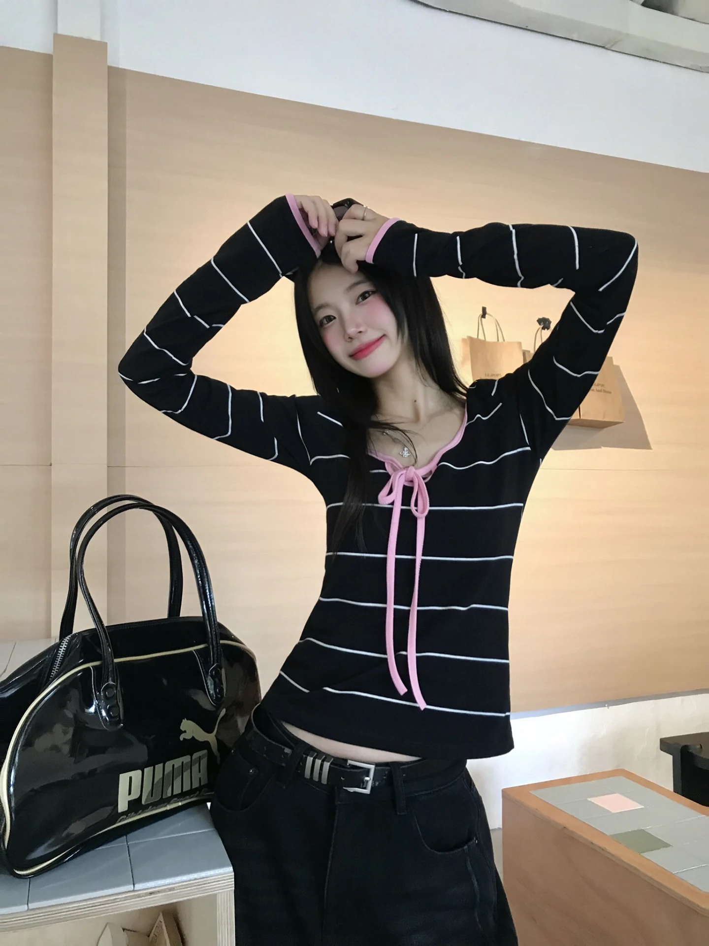 

Ретро-американская полосатая футболка с длинным рукавом и круглым вырезом, женская, осенне-зимняя, облегающая, с цветовыми блоками, универсальный топ, креативный дизайн